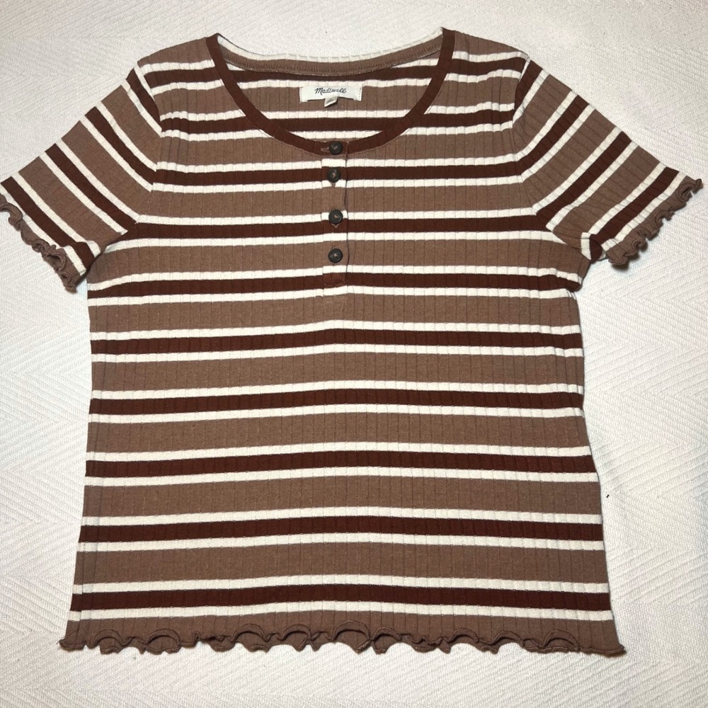 Madewell Striped‎ Ribbed Henley Short Sleeve Lettuce Edge Top S